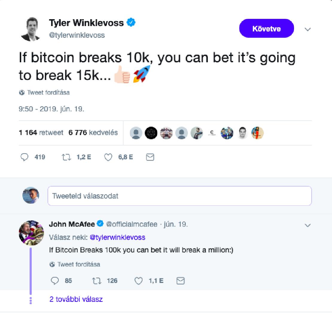 Tyler Winklevoss tweetje a bitcoinról. 