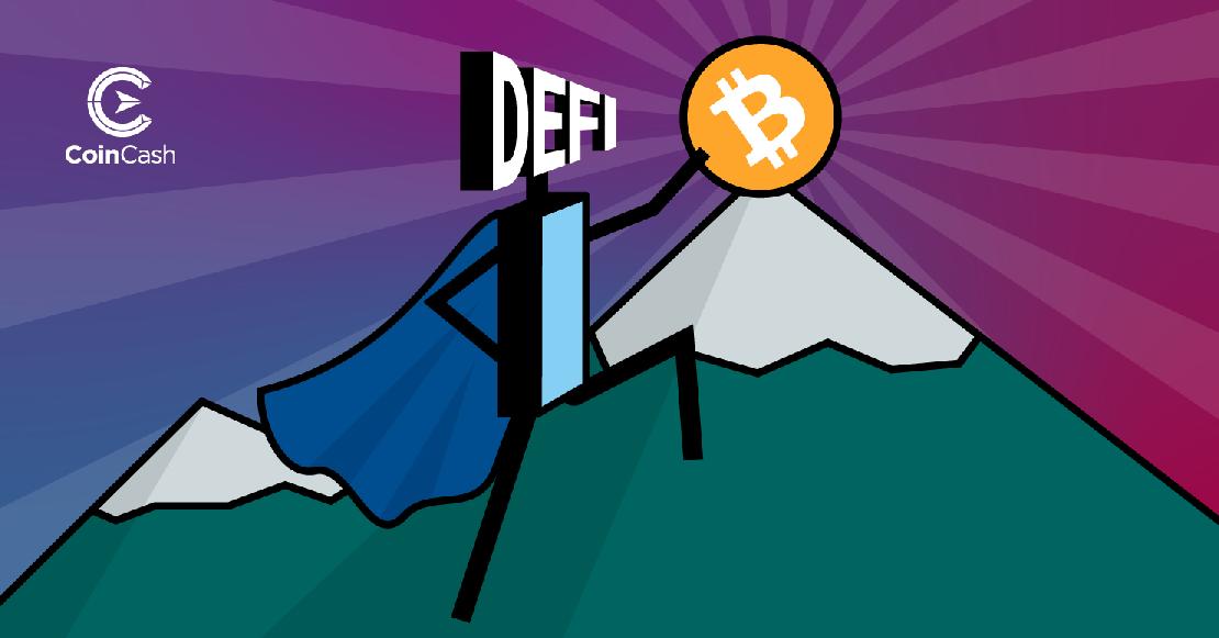 Egy szuperhős a feje helyén DeFi felirattal egy bitcoin logót tart a hegy csúcsára. 