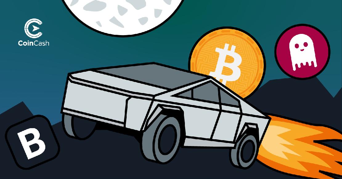 Egy Tesla Cybertruck rakétaként száguld a bitcoin és más kriptovaluták logója közt a Hold felé.