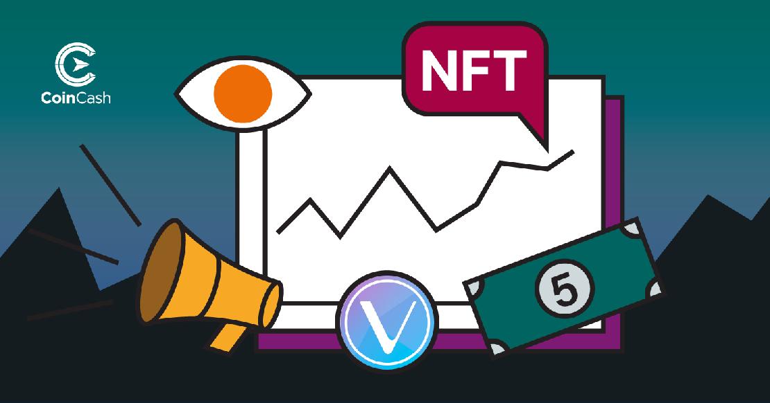 Vechain logo és felfelé ívelő árfolyam NFT felirattal.