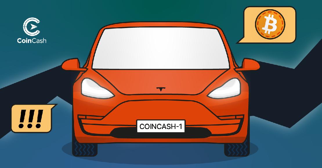 Narancs Tesla CoinCash-1 rendszámmal, ezzel utalva a Tesla bitcoin tartalékainak eladására.
