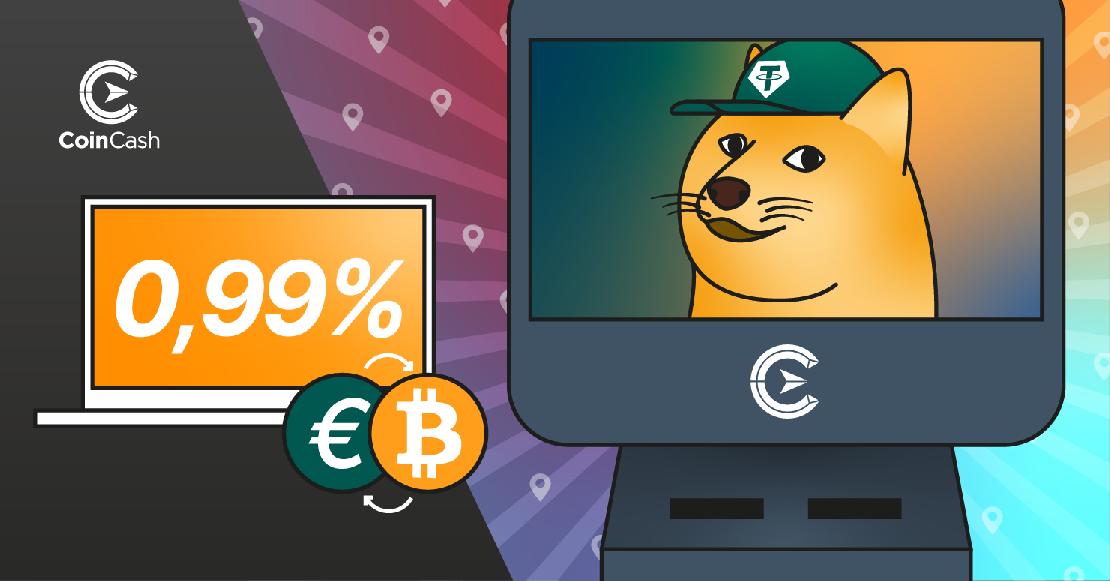 Közvetlen eurós váltás 0,99% váltási jutalékkal, új ATM a kijelzőn a Doge kutyával, fején a Tether logójával.