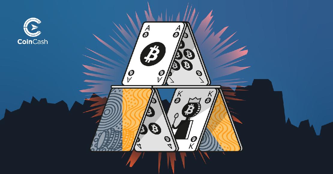 Kártyavár Bitcoin logókkal
