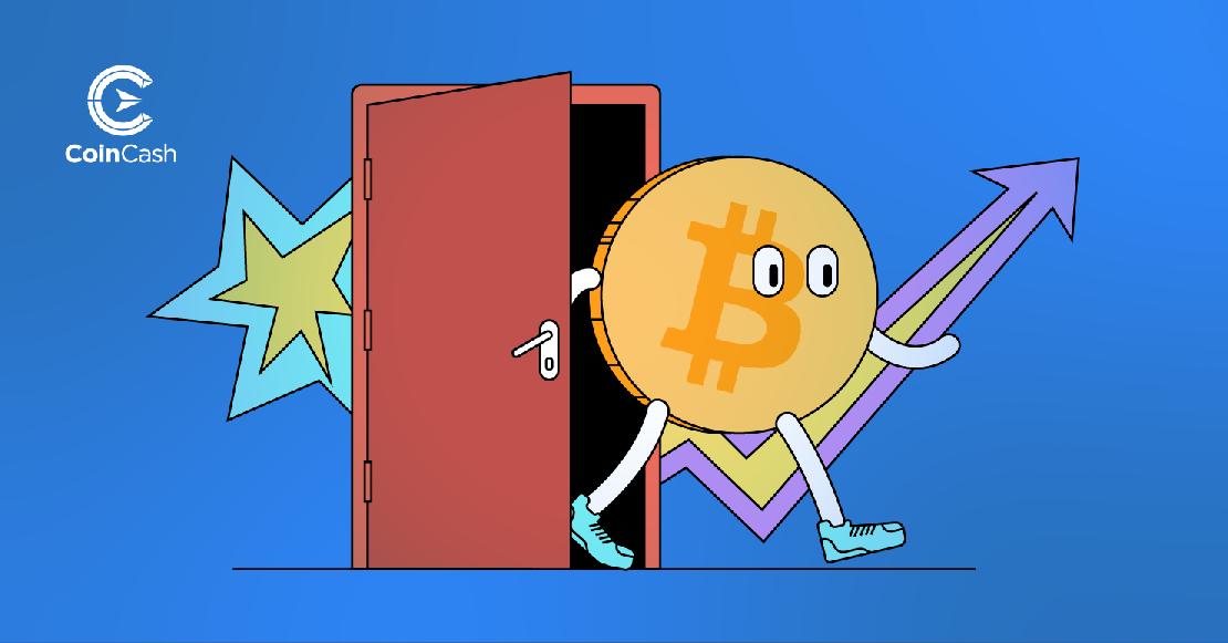 Egy ajtón kilépő Bitcoin érme, a háttérben felfelé ívelő nyillal