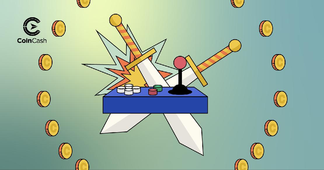 Egy kontroller a háttérben két egymásba csapó karddal, körülöttük kriptovalutákat szimbolizáló érmékkel