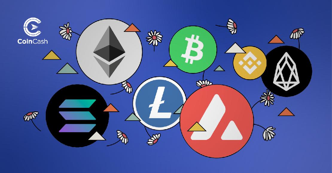 Solana, Bitcoin, Ethereum, Litecoin, Avalanche, BNB, EOS logók virágokkal