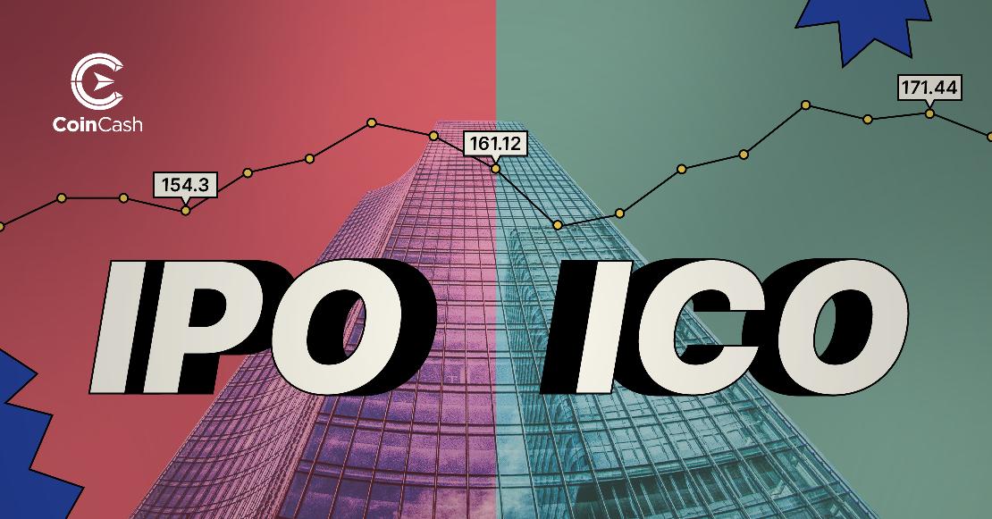 IPO és ICO felirat a háttérben egy felhőkarcolóval és egy grafikonnal