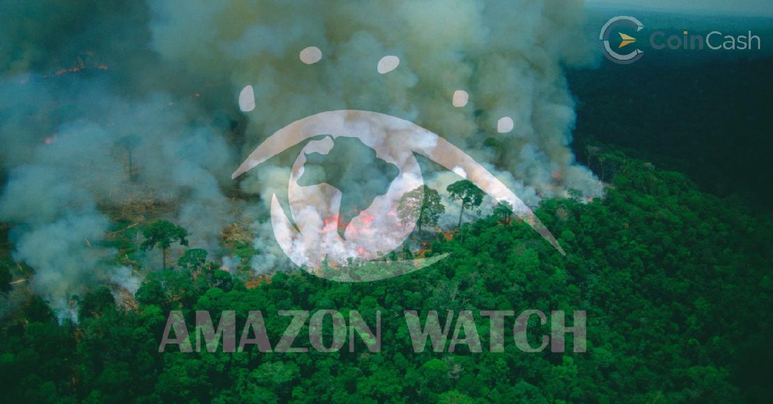 Lángoló erdő a háttérben egy Amazon Watch logóval.