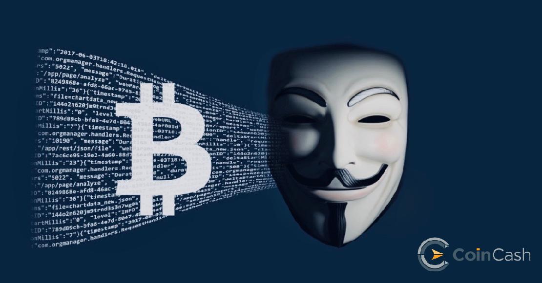 Anonymous maszk, Guy Fawkes és bitcoin logó fekete háttérrel. Borító kép a CoinCash Bitcoin Blogon. 