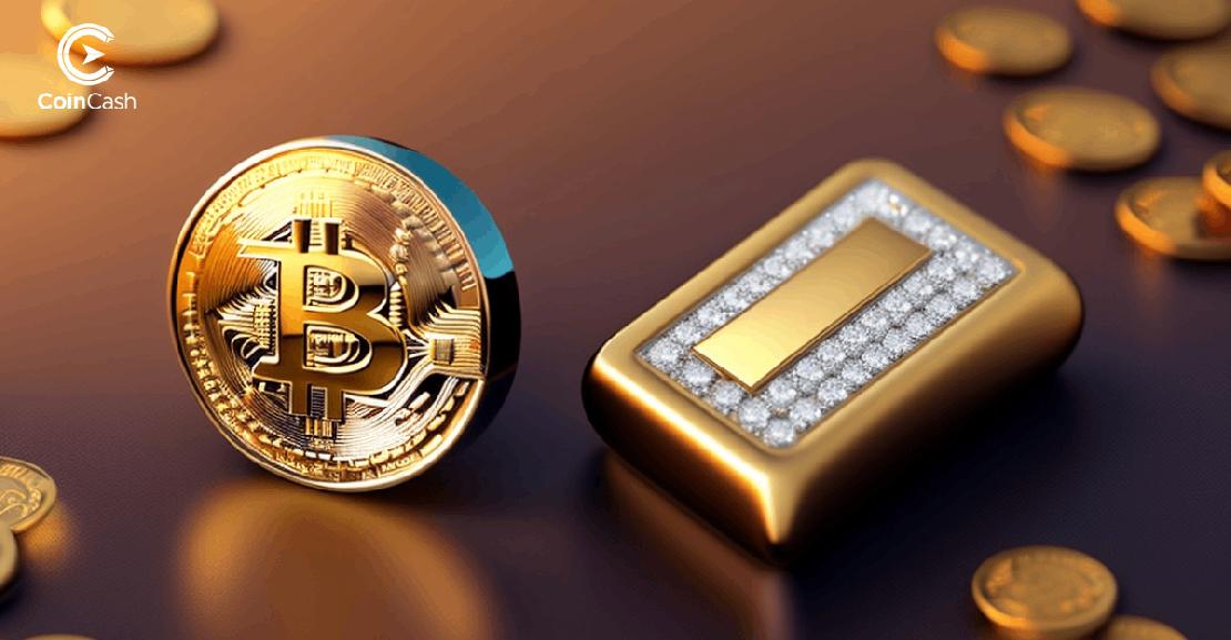 Aranytömb bitcoin logóval és arany érmékkel