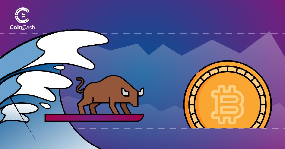 Szörföző bika tart egy BTC érme felé a háttérben emelkedő grafikonnal