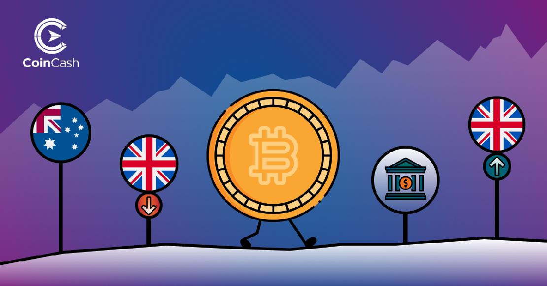 Bitcoin érme, körülötte ausztrál és angol záaszlókkal