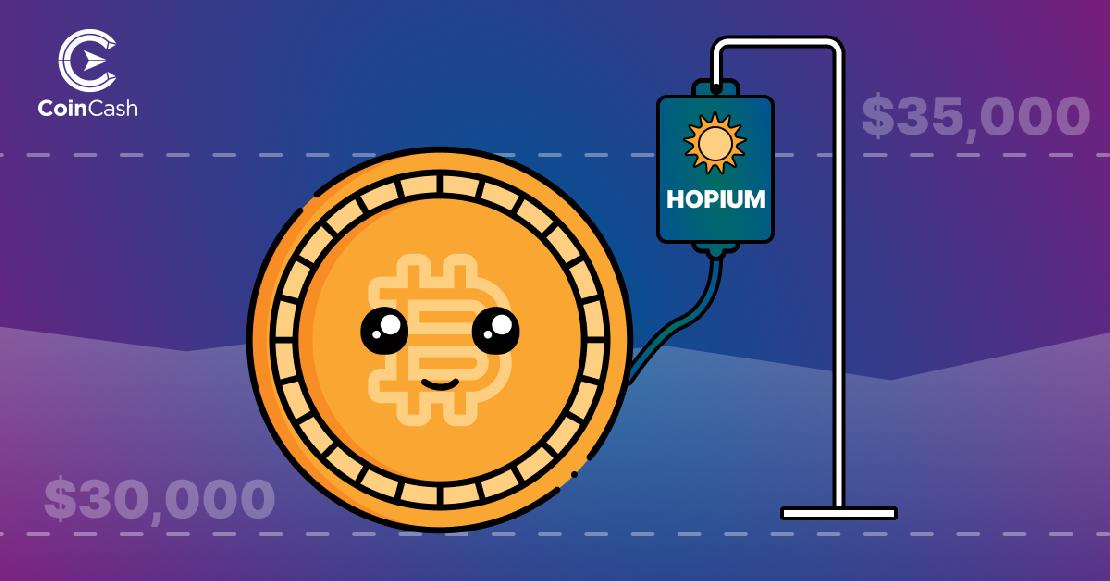 Hopium infúzióra kötve egy reményteli arcú BTC érmének, a háttérben árfolyam grafikonnal és 30 000 valamint 35 000 dolláros árfolyam jelzéssel