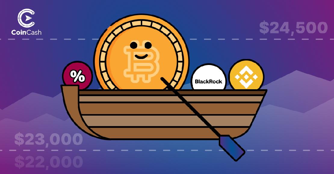 Egy BTC érme evez csendes vizeken, a csónakjában a Binance, és a BlackRock logójával, valamint egy százalékjellel