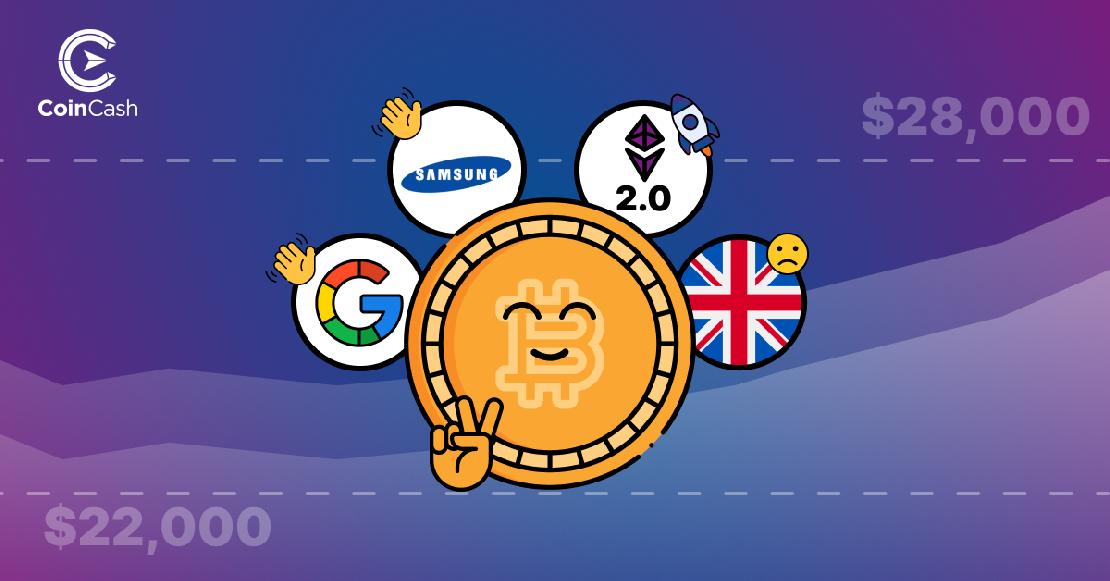 Egy béke jelet mutató BTC érme körülötte a Google és a Samsung, valamint az ETH jelével, Angol zászlóval