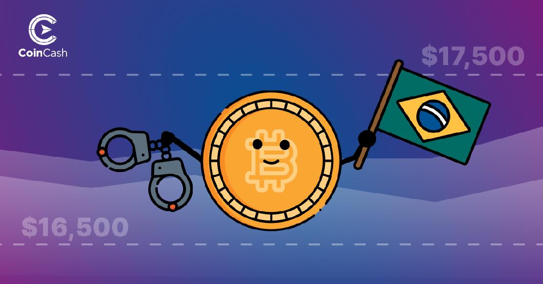 Egy mosolygó BTC érme egyik kezében bilincs, a másik kezében pedig egy brazil zászló