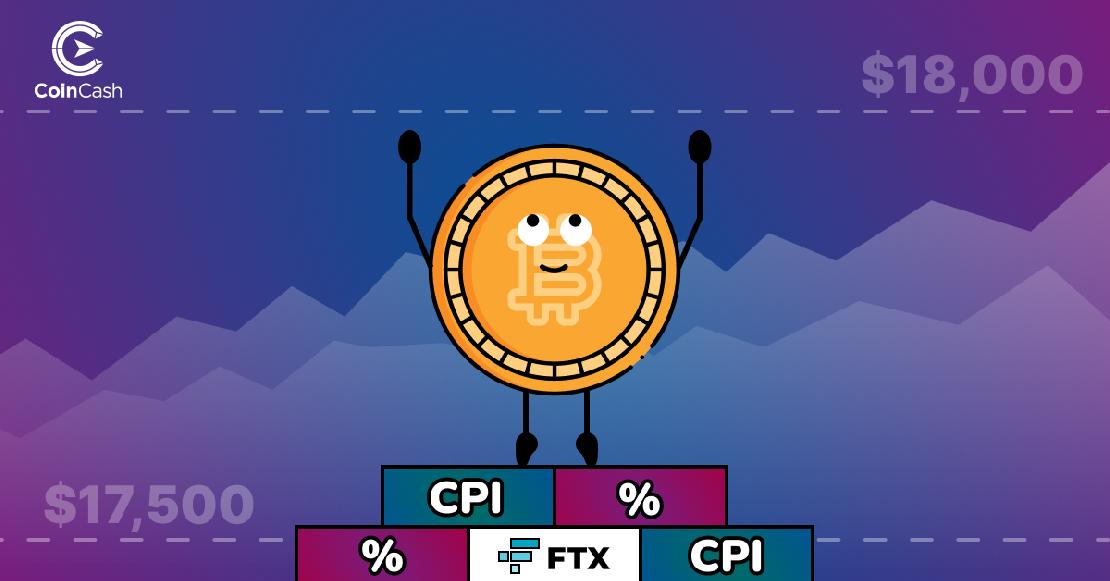 Egy Bitcoin érme áll egy dobogón a CPI és az FTX felett