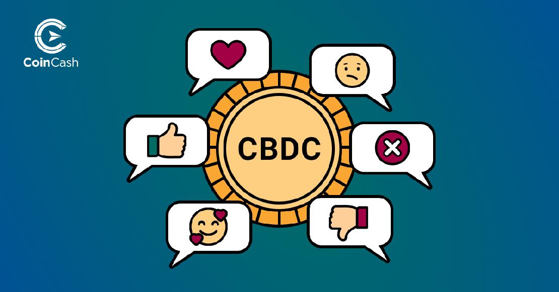 Középen egy CBDC érme, körülötte tetszést/nem tetszést nyilvánító emojikkal
