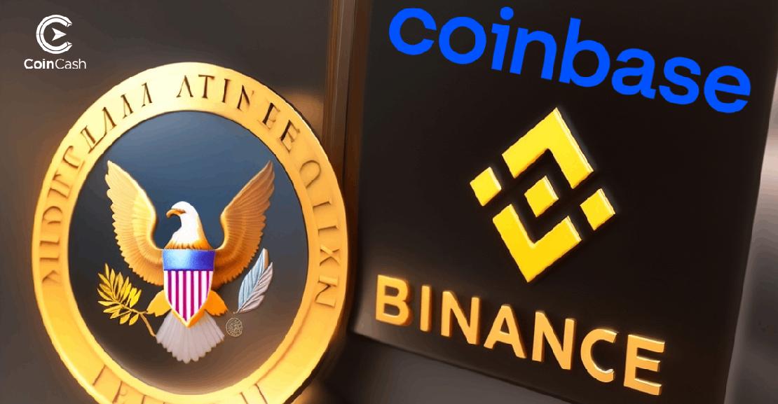 A SEC logója egy Coinbase és Binance feliratú tábla mellett