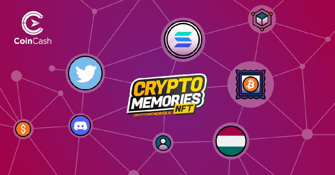 Középen a CryptoMemories logója, körülötte olyan hozzá kapcsolódó projektek jelével mint a Solana, platformokkal mint a Twitter és a Discord, valamint egy magyar zászlóval.