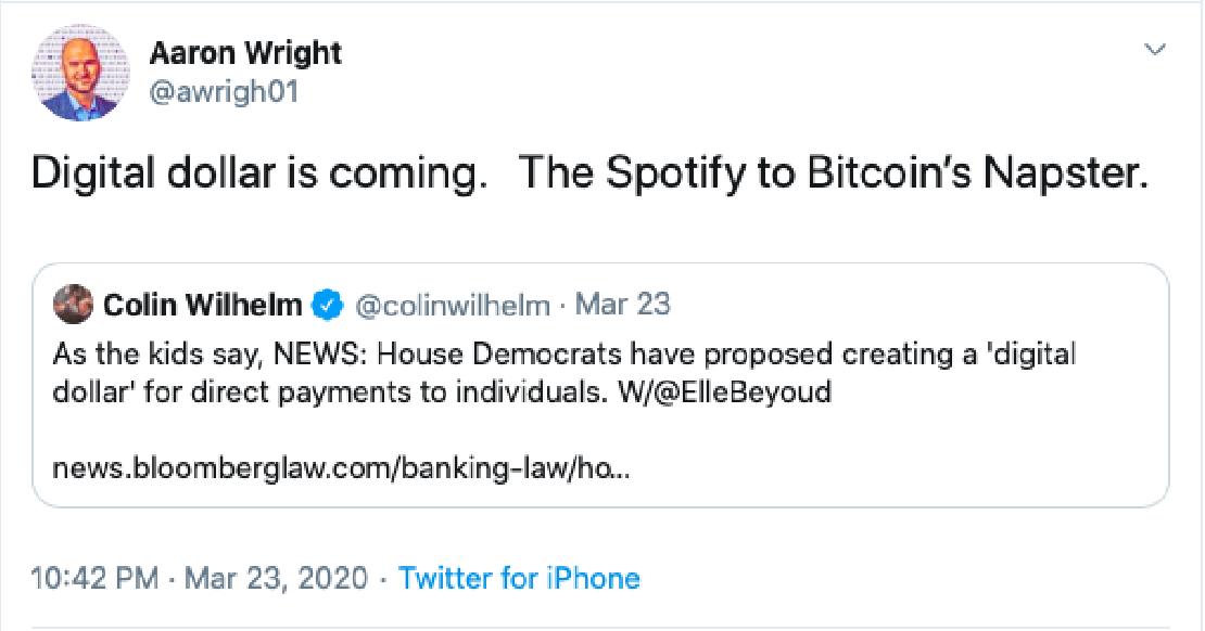Aaron Wright tweetje a digitális dollárról 