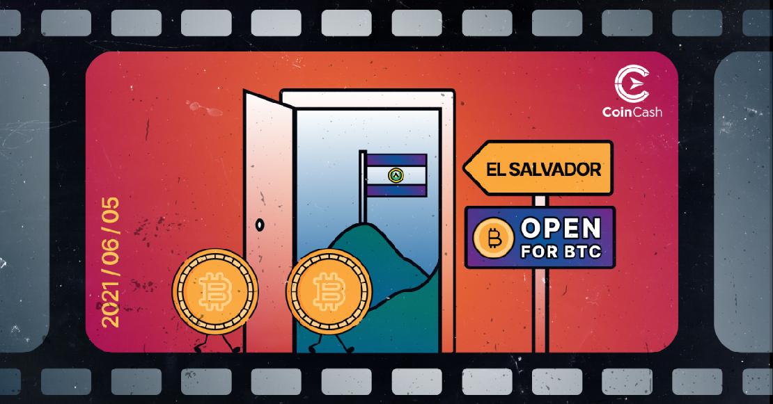 Bitcoin érmék sétálnak egy nyitott ajtó felé, ami El Salvadort jelképezi, mellette open felirattal ellátott táblával