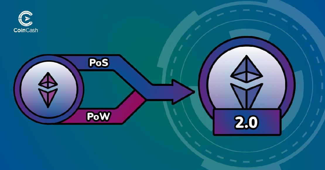 Az EThereum jeléből egy PoS és egy PoW feliratú nyíl mutat az Ethereum 2.0 jele felé