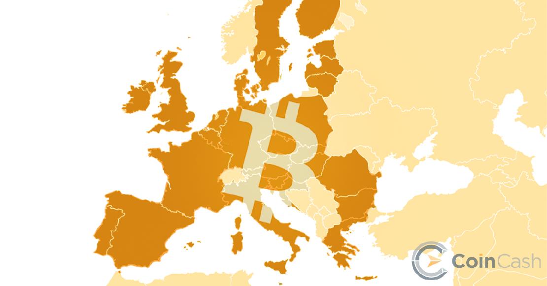 Az európai unió országai bitcoin sárgára festve.