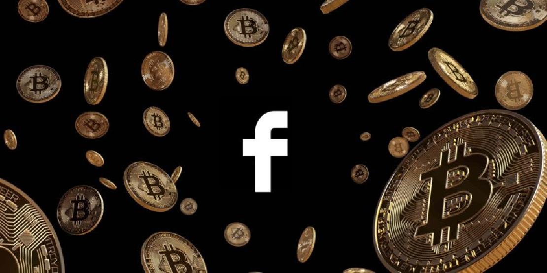 Facebook logo a bitcoin érmék között.