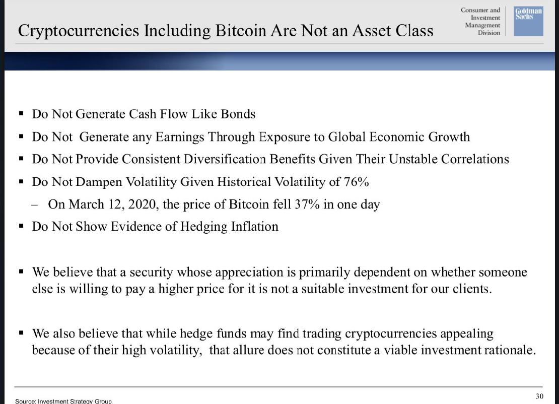 A Goldman Sachs előadásából egy dia, amin azt ecsetelik, hogy a bitcoin és a kriptovaluták miért nem tartoznak a pénzügyi eszközök kategóriájába. 