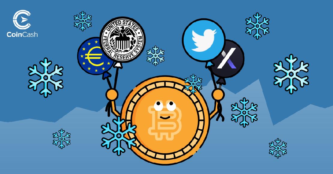 Twitter, Fed, EKB és dYdX logókat fogó BTC érme körülötte hópihékkel