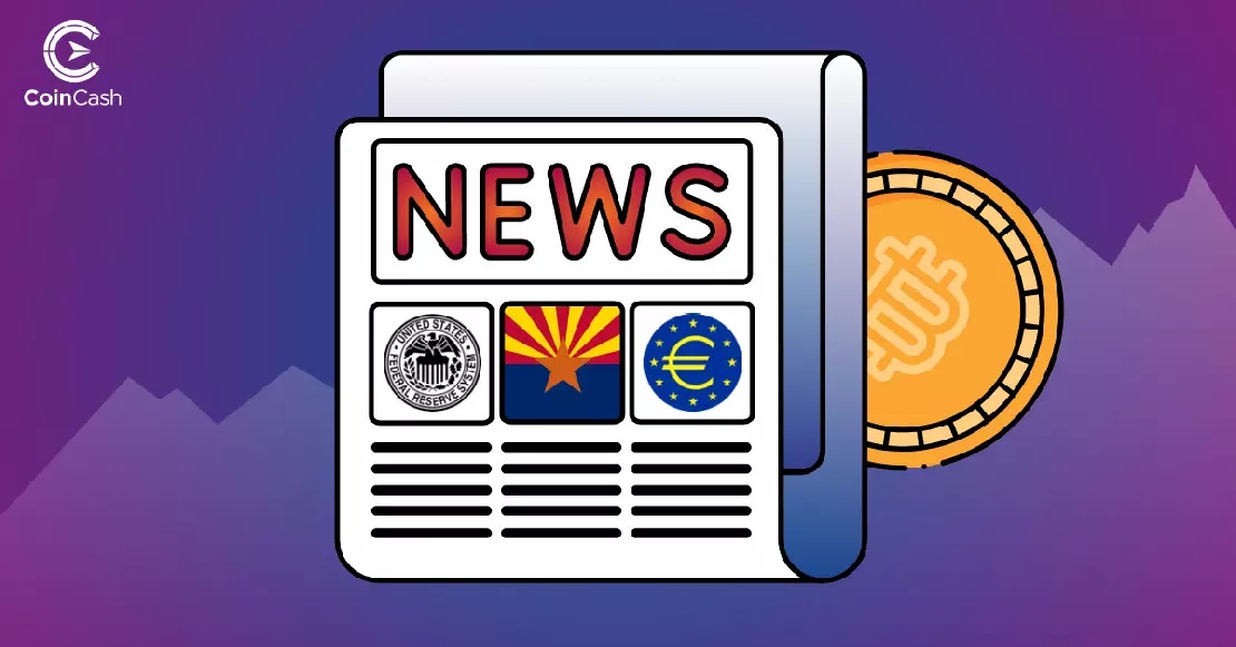 Hírlap a FED és az EKB jelével, valamint Arizóna zászlajával, mögötte egy BTC érmével és felfelé haladó grafikonnal a háttérben