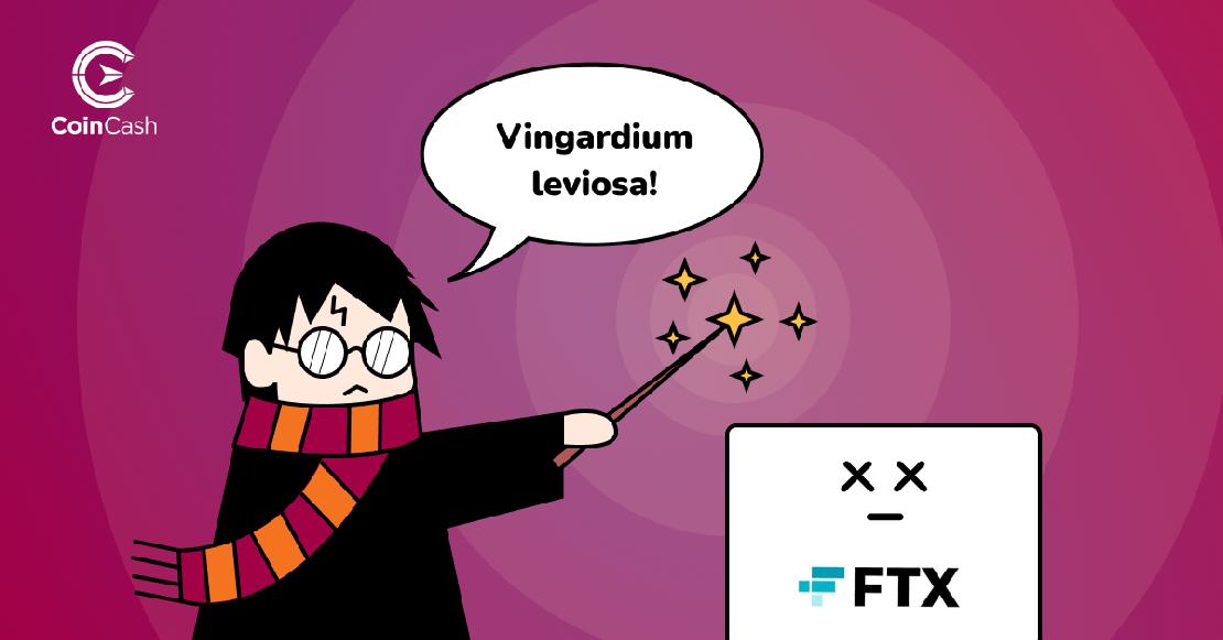 Harry Potter egy varázspálcával Vingardium leviosa-t mond az FTX logójára