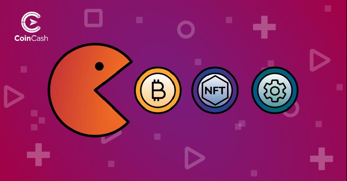 Egy Pacmen figura megeszi a BTC logóját, az NFT-ket és a beállításokat jelző ikont