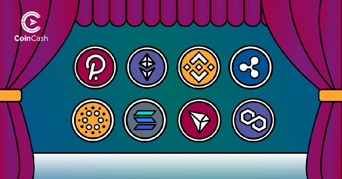 A Cardano, Solana, Ethereum, Ripple, Polygon, Binance Coin, Polkadot és Tron jele a középpontban, mellette függönnyel