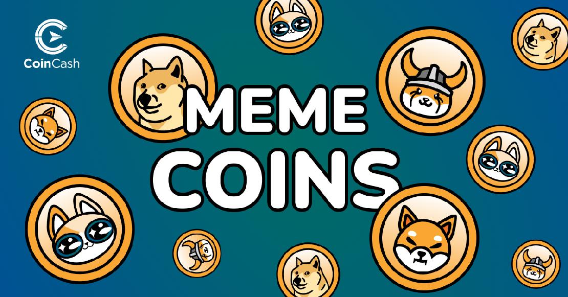 Dogecoinok, Shiba Inu-k, illetve Big Eyes Coin-ok Meme Coins felirat mellett