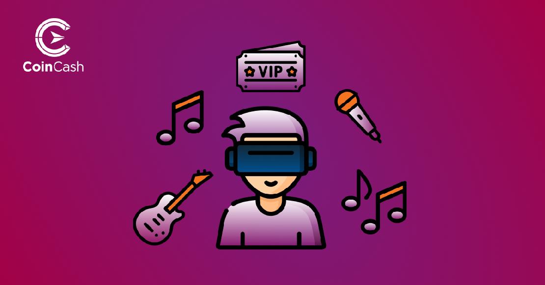 Egy VR szemüveget viselő ember, körülötte hangjegyekkel, koncertjeggyel, gitárral és mikrofonnal