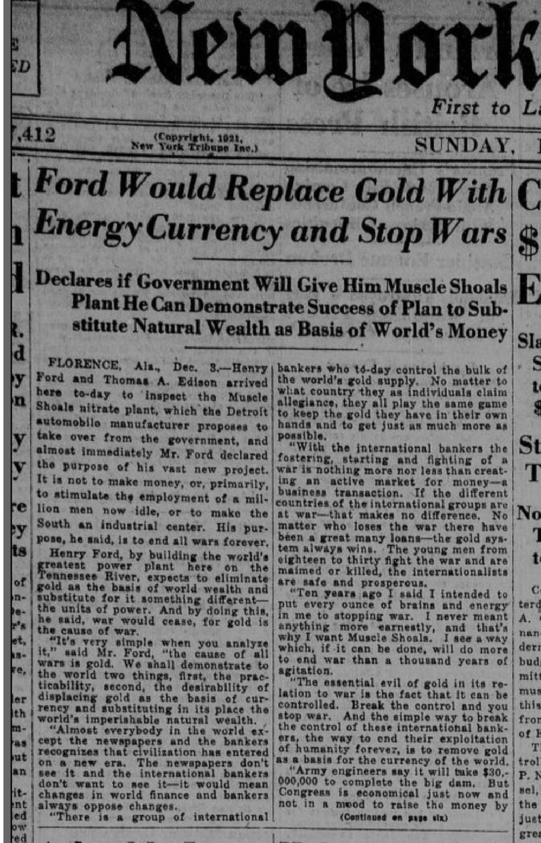 New York tribute 1921-ben íródott cikk részlete. A cikk témája az, hogy Ford energia valutával helyettesítené az aranyat. 