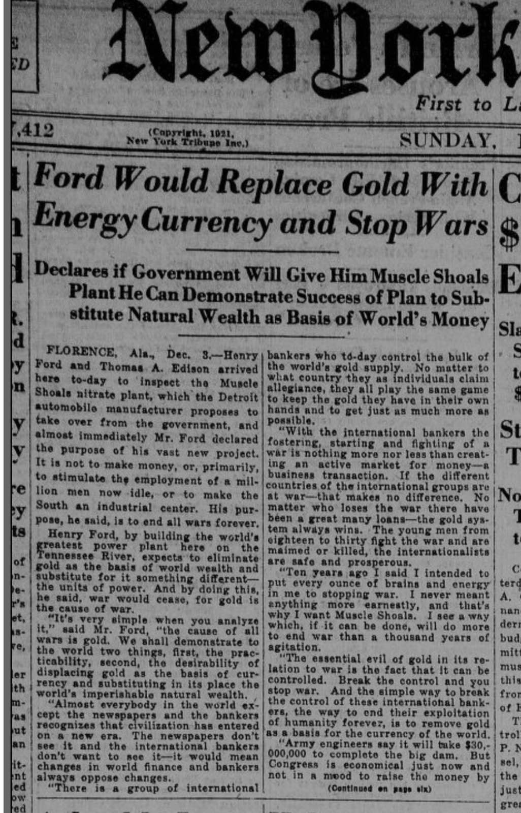 New York tribute 1921-ben rdott cikk rszlete A cikk tmja az hogy Ford energia valutval helyettesten az aranyat