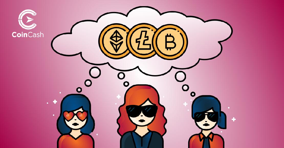 Nők a fejük mellett a Litecoin, a Bitcoin és az Ethereum logóját tartalmazó gondolatbuborékkal