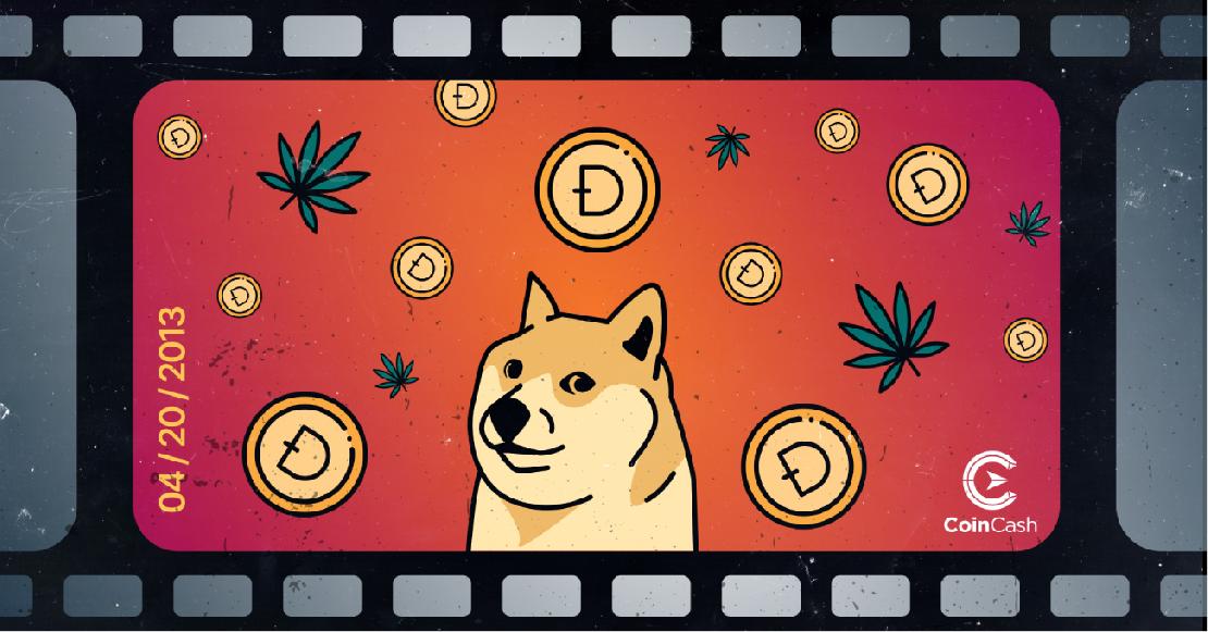 A Dogecoin kutyája kannabisz levelek és Dogecoin érmék között