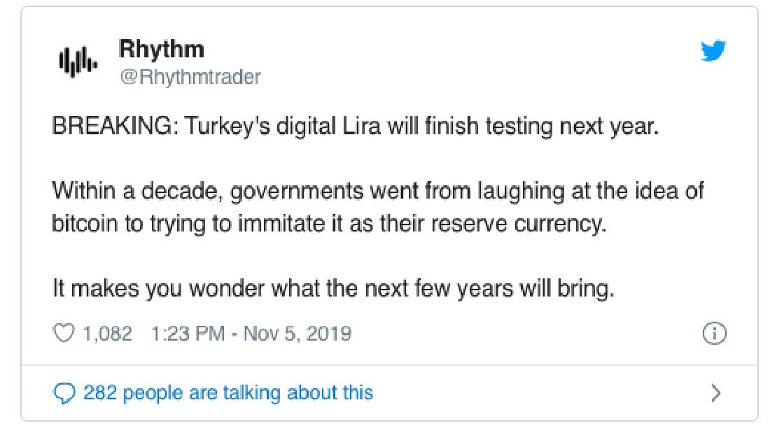 Rythm twitter bejegyzése a Törökországi kripto-líra születéséről és a kriptovaluták felé nyitásáról. 
