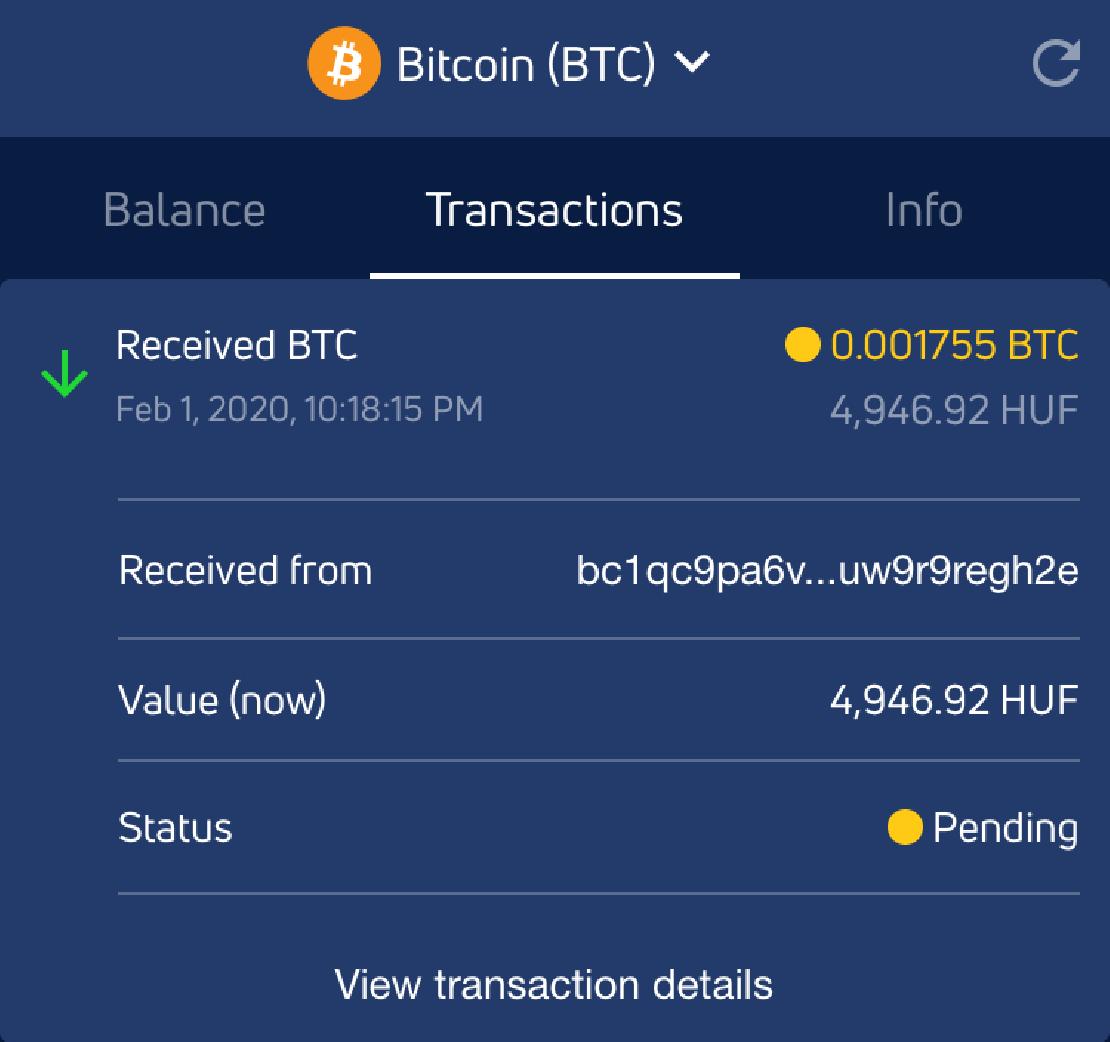 A folyamatban lévő bitcoin fogadás szemléltetése a még felfüggesztett tranzakcióval. 