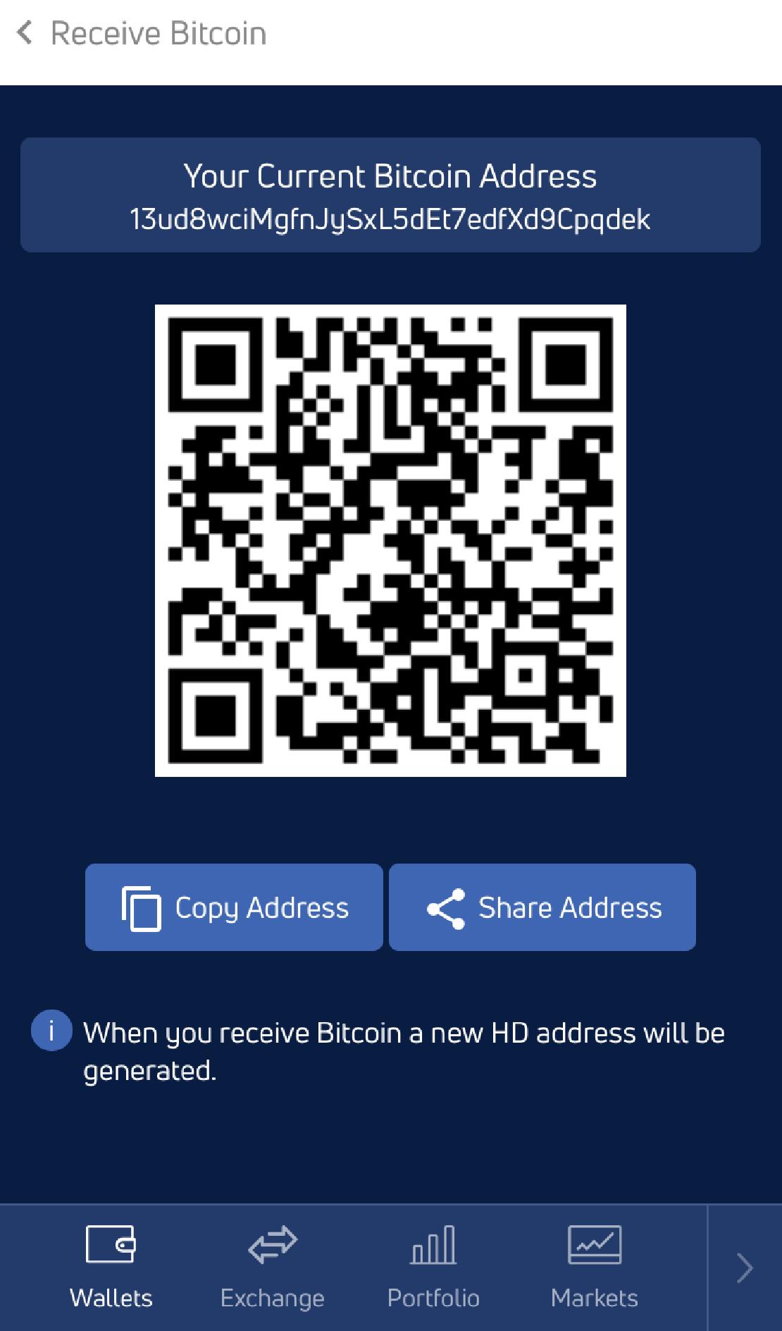 Bitcoin cím egy kriptopénz tárcában. 