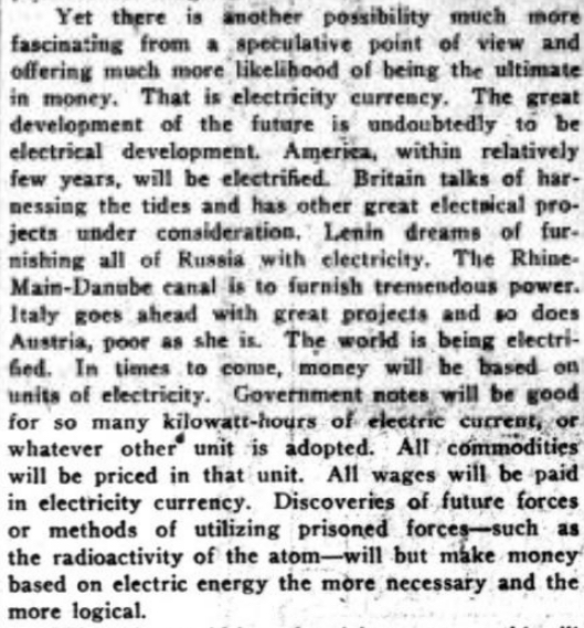 Rszlet a The Washington Herald 1922-es cikkbl amiben azt rszletezik hogy mr csak id krdse s a vilg az elektromos pnzen fog alapulni