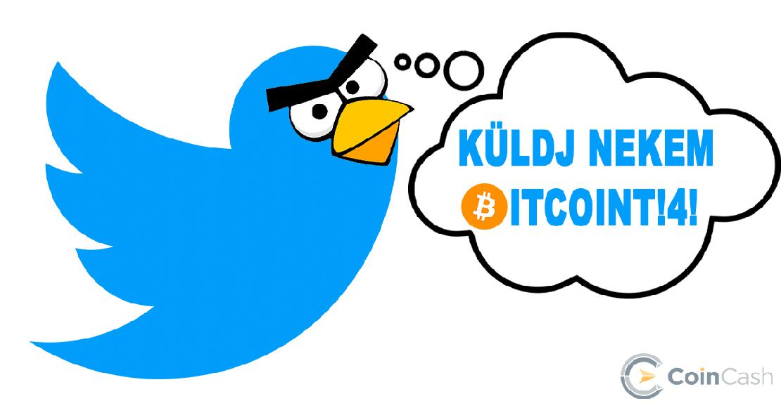 Twitter madár logó, angry birds arccal azt mondja küldj nekem bitcoint