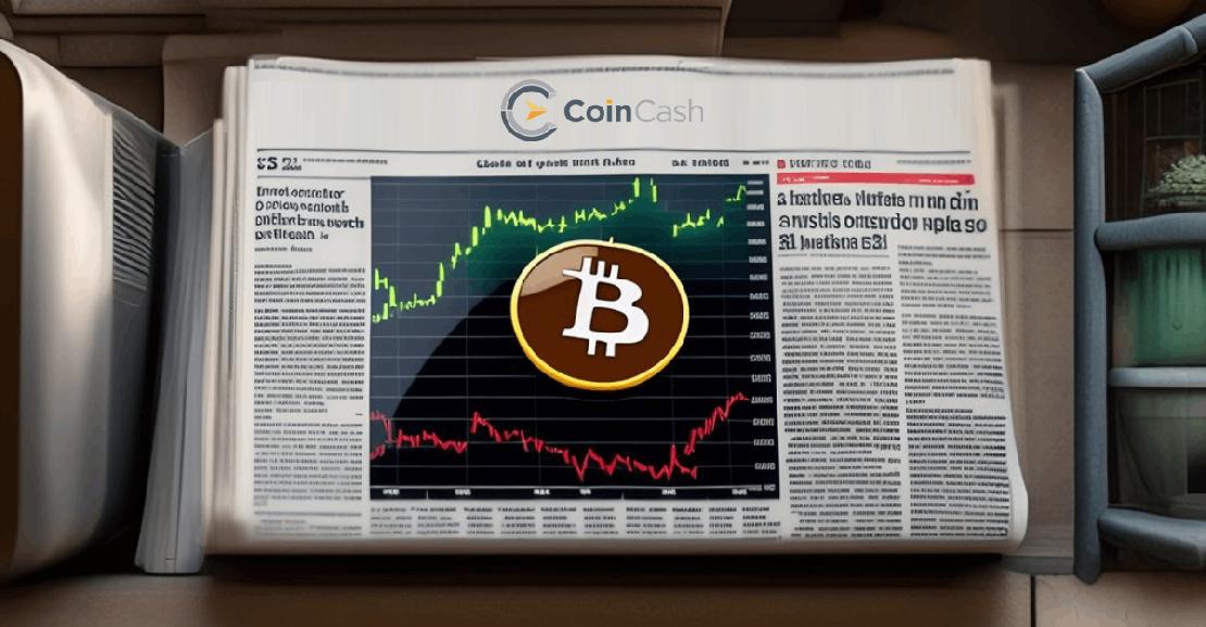 Egy újság CoinCcash logóval és Bitcoin jellel valamint árfolyam grafikonnal